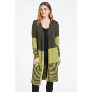 Stitchdrop Womens Medium Long Open Front Cardigan Green Brown Striped Knit